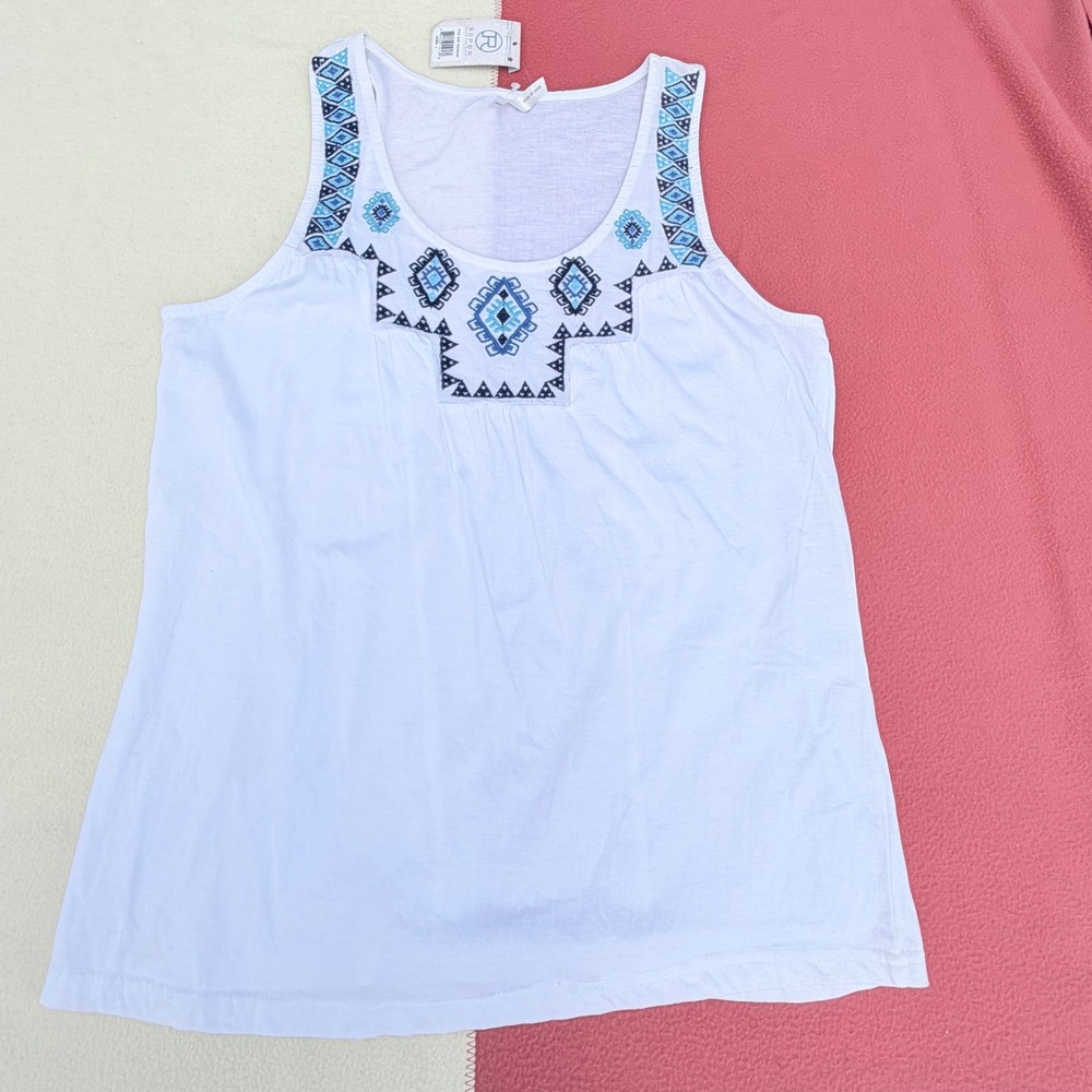 Roper Womens White Embroidered Sleeveless‎ Tank Top Western Blue Boho L NEW